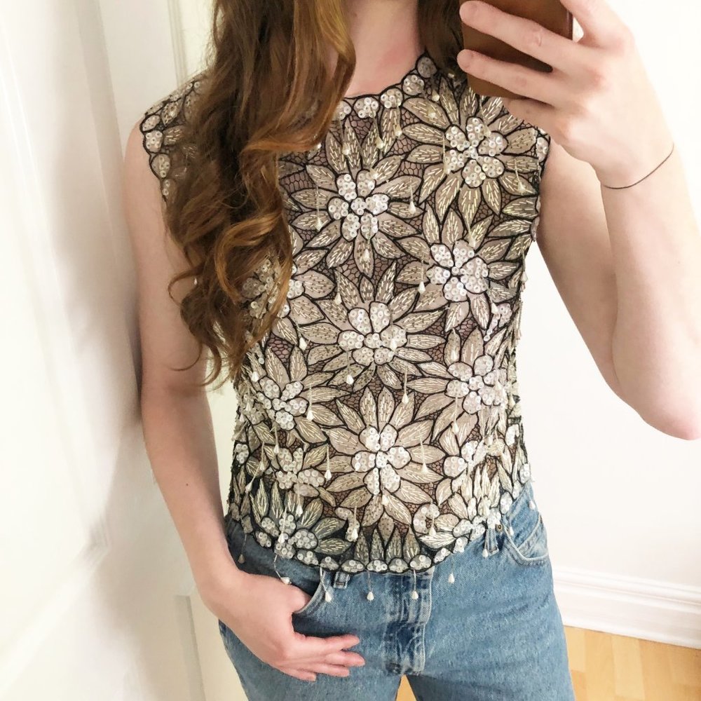 Stunning Vintage Art Deco Hand Beaded Floral Top - Picture 6 of 7